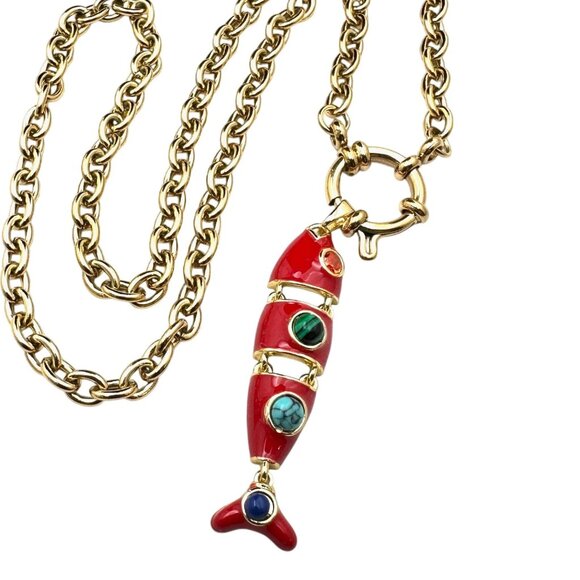 Multi-Gemstone Red Enamel Fish Pendant Necklace 18K Gold Plated Chain 17 Inch - Picture 1 of 9